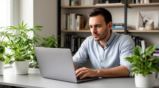 Professionnel consultant un document sur écran d'ordinateur dans un bureau moderne